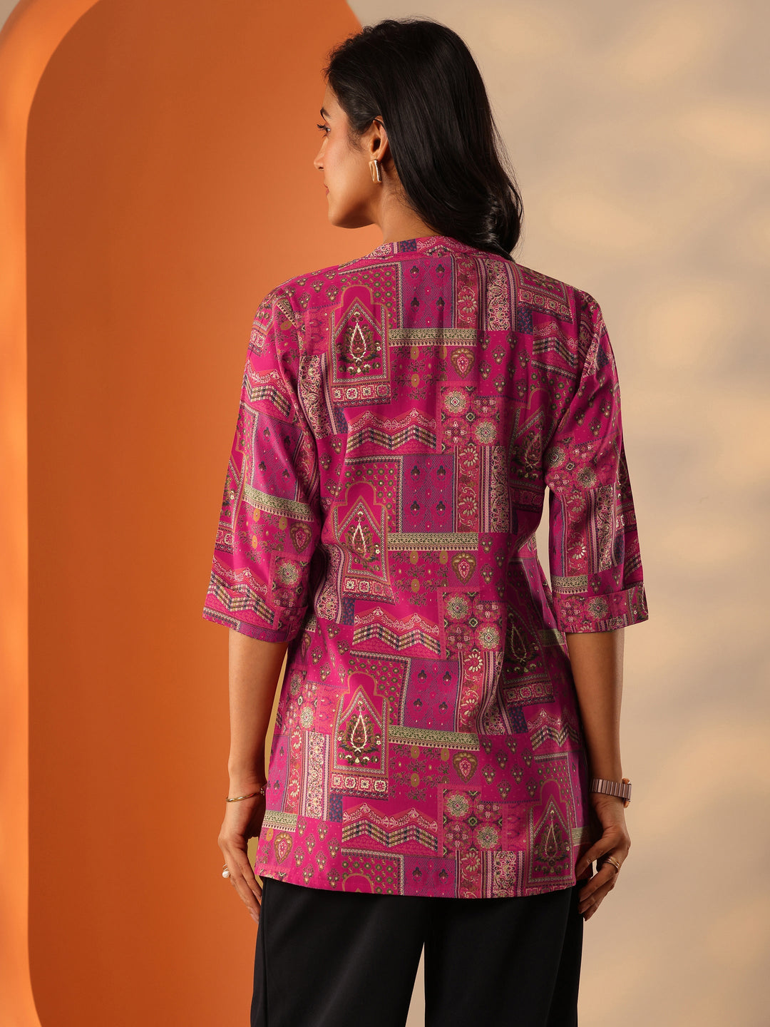  Pink Printed Silk Blend Straight Short Kurti 