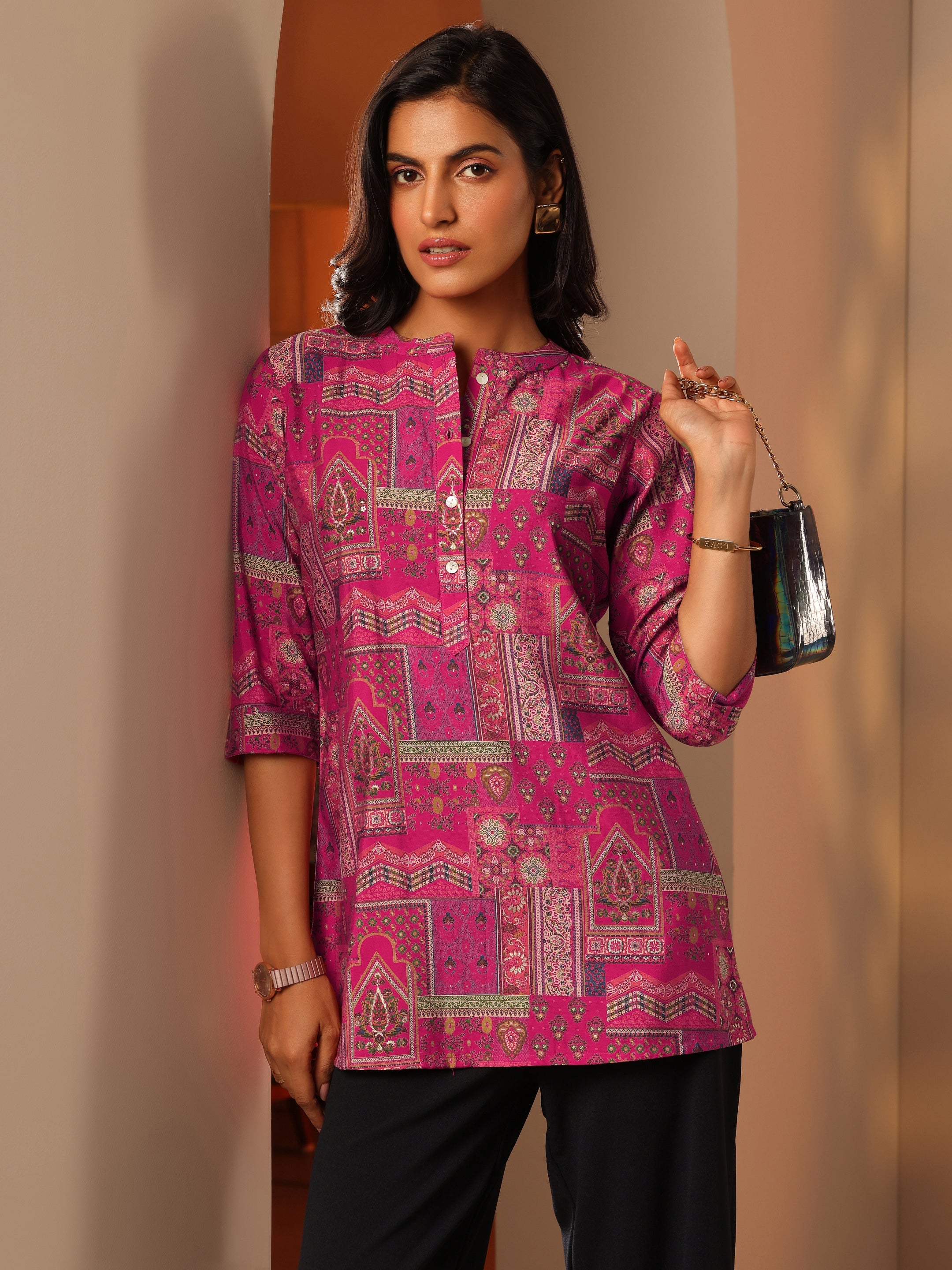 Pink Printed Silk Blend Straight Short Kurti-image-23