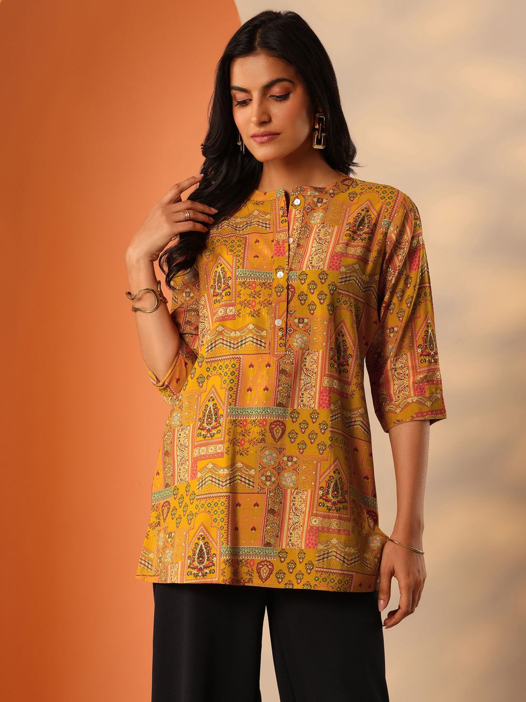  Mustard Printed Silk Blend Straight Short Kurti 