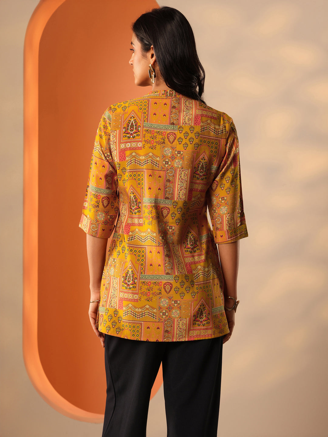  Mustard Printed Silk Blend Straight Short Kurti 