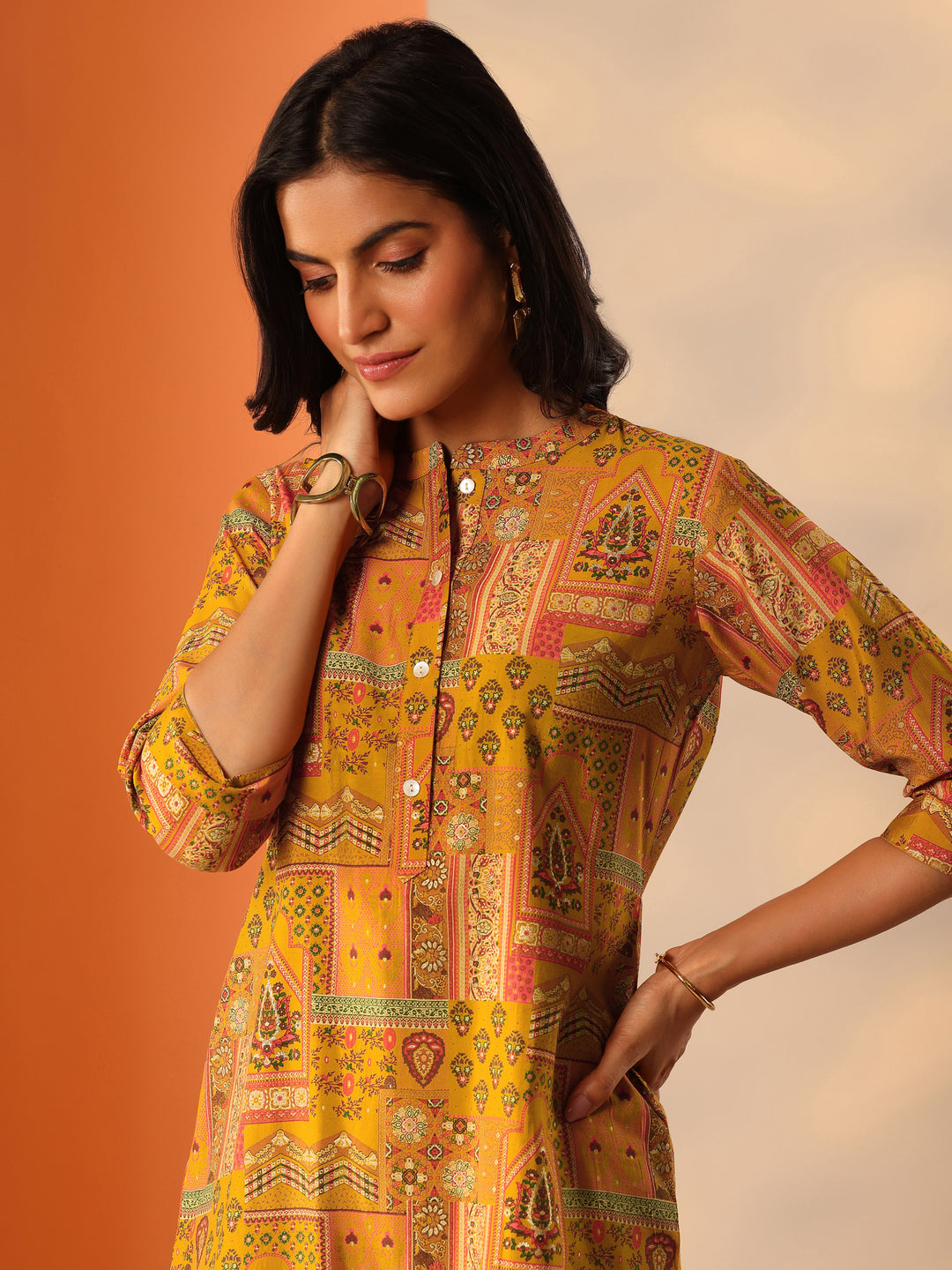  Mustard Printed Silk Blend Straight Short Kurti 
