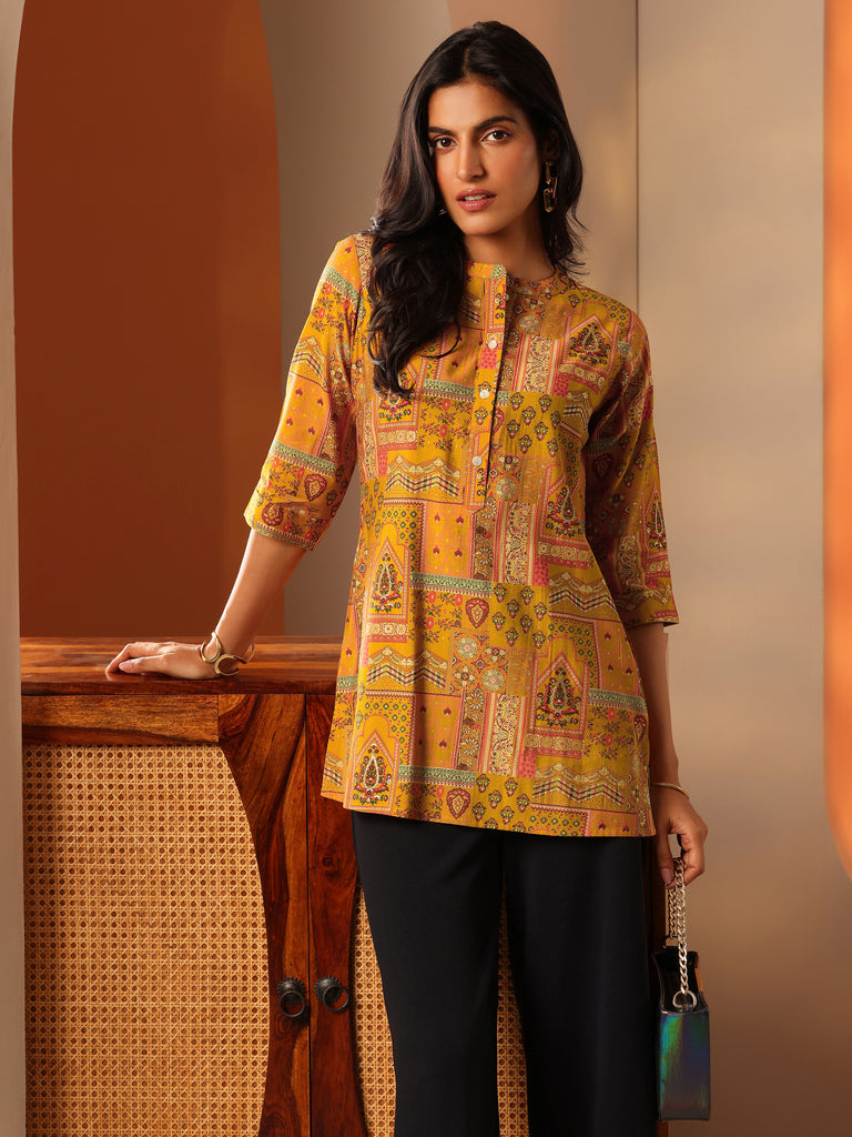 Libas Mustard Printed Silk Blend Straight Short Kurti