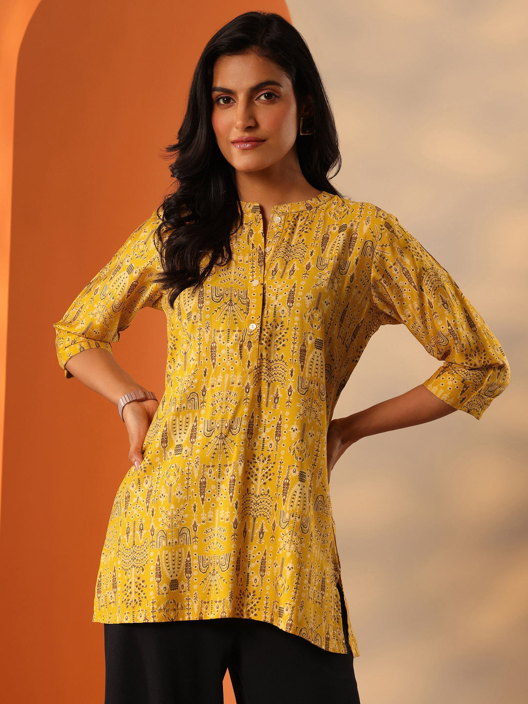  Yellow Printed Silk Blend Straight Short Kurti 