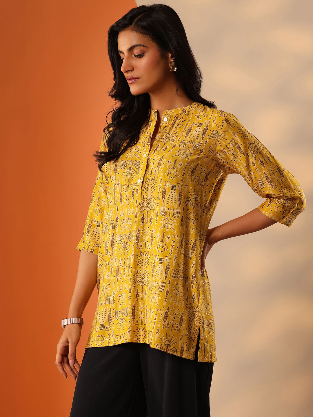  Yellow Printed Silk Blend Straight Short Kurti 