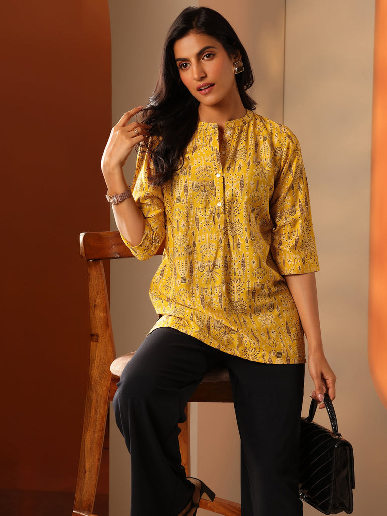 Libas Yellow Printed Silk Blend Straight Short Kurti
