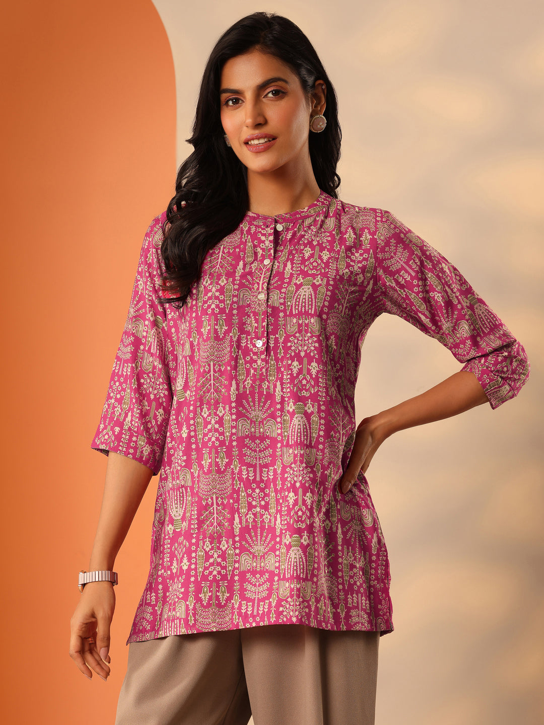  Pink Printed Silk Blend Straight Short Kurti 