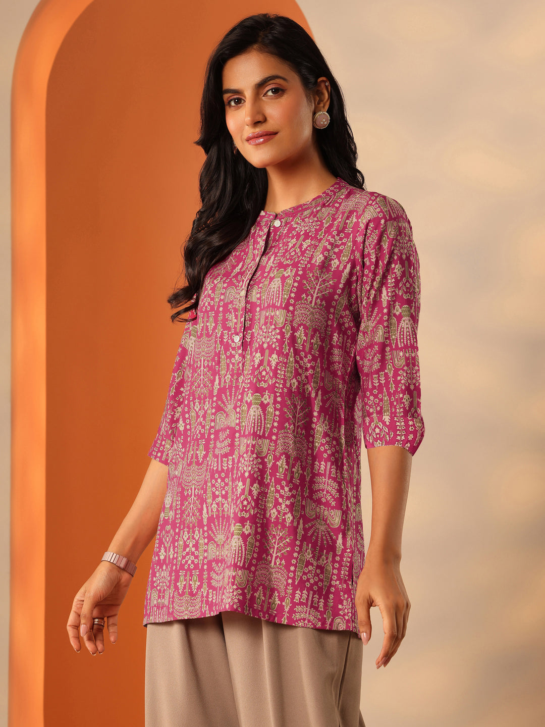  Pink Printed Silk Blend Straight Short Kurti 