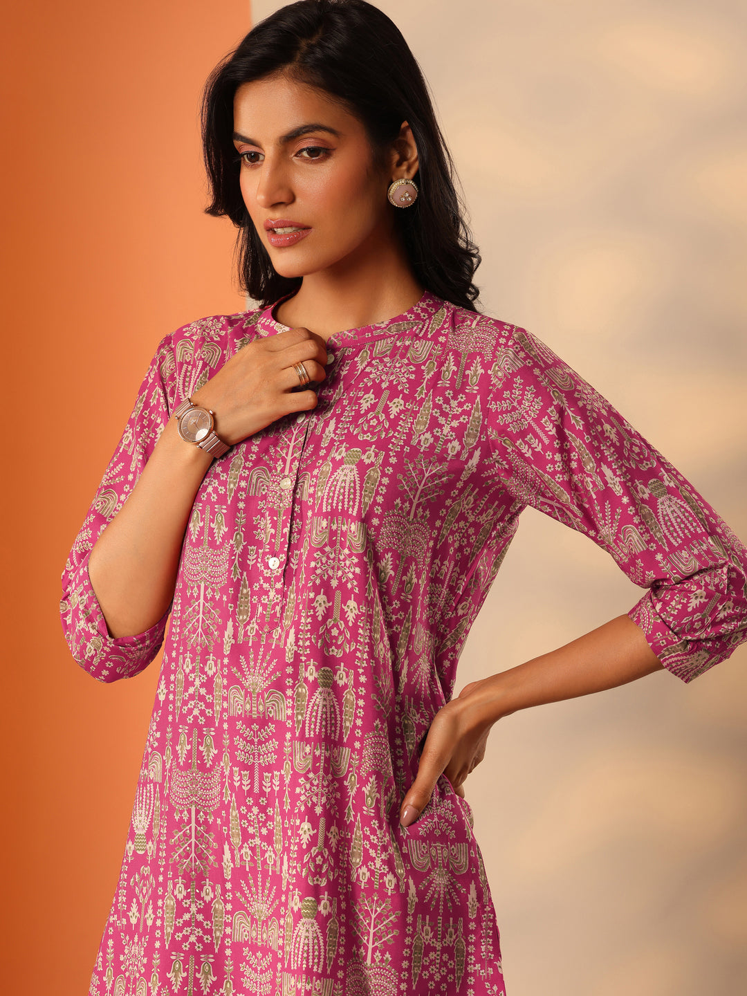  Pink Printed Silk Blend Straight Short Kurti 