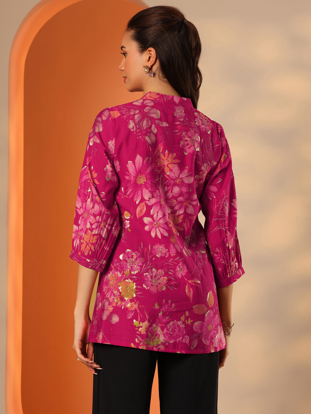  Pink Printed Silk Blend A-Line Short Kurti 