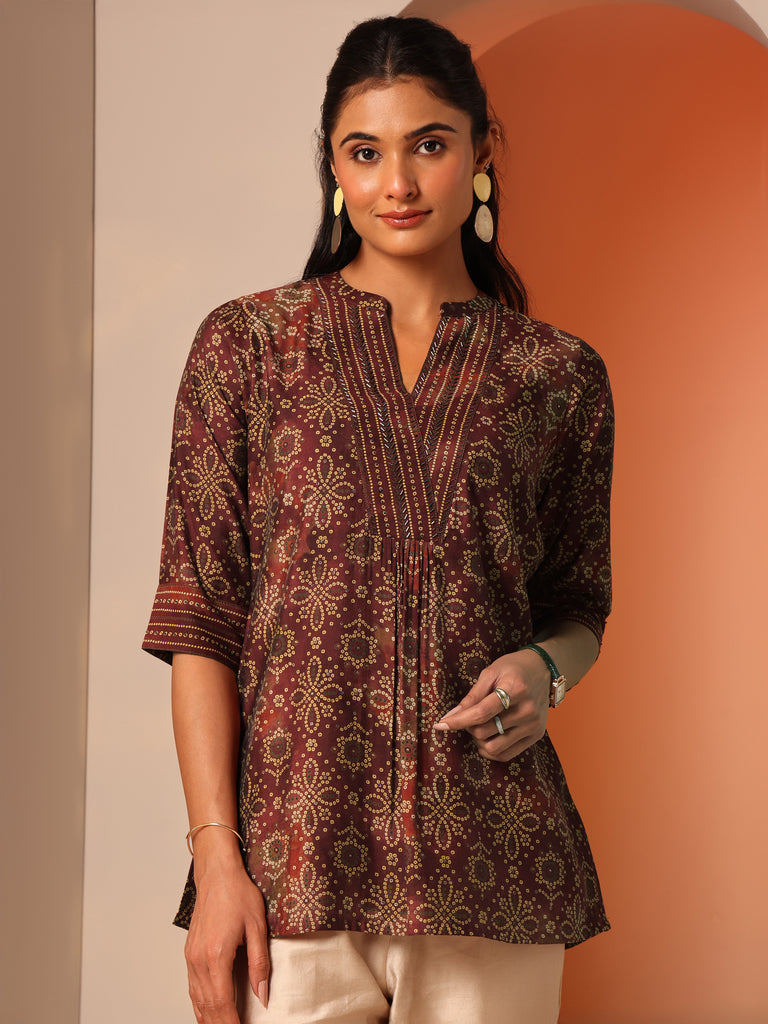 Libas Maroon Printed Silk Blend Straight Short Kurti