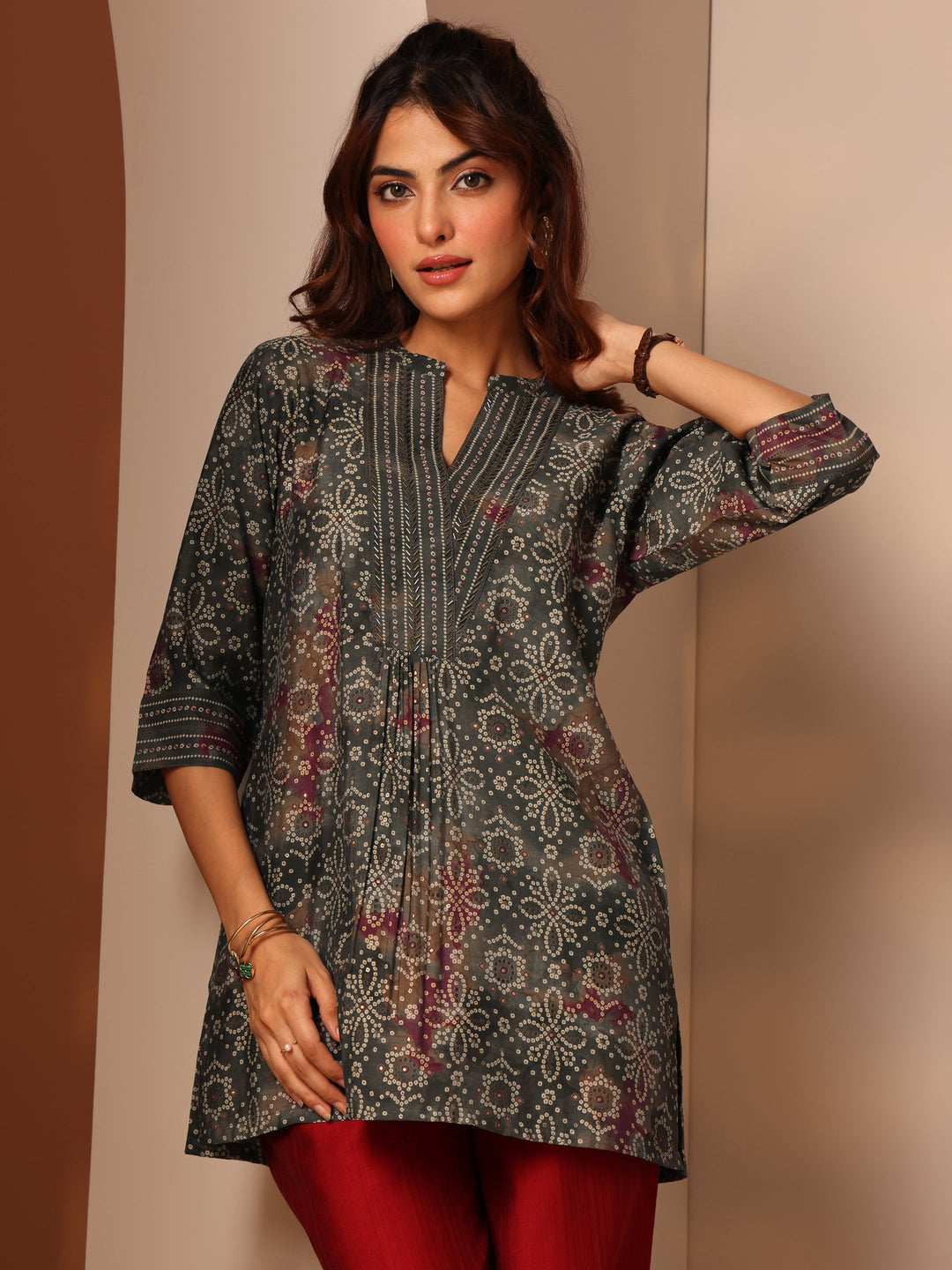  Grey Printed Silk Blend Straight Short Kurti 