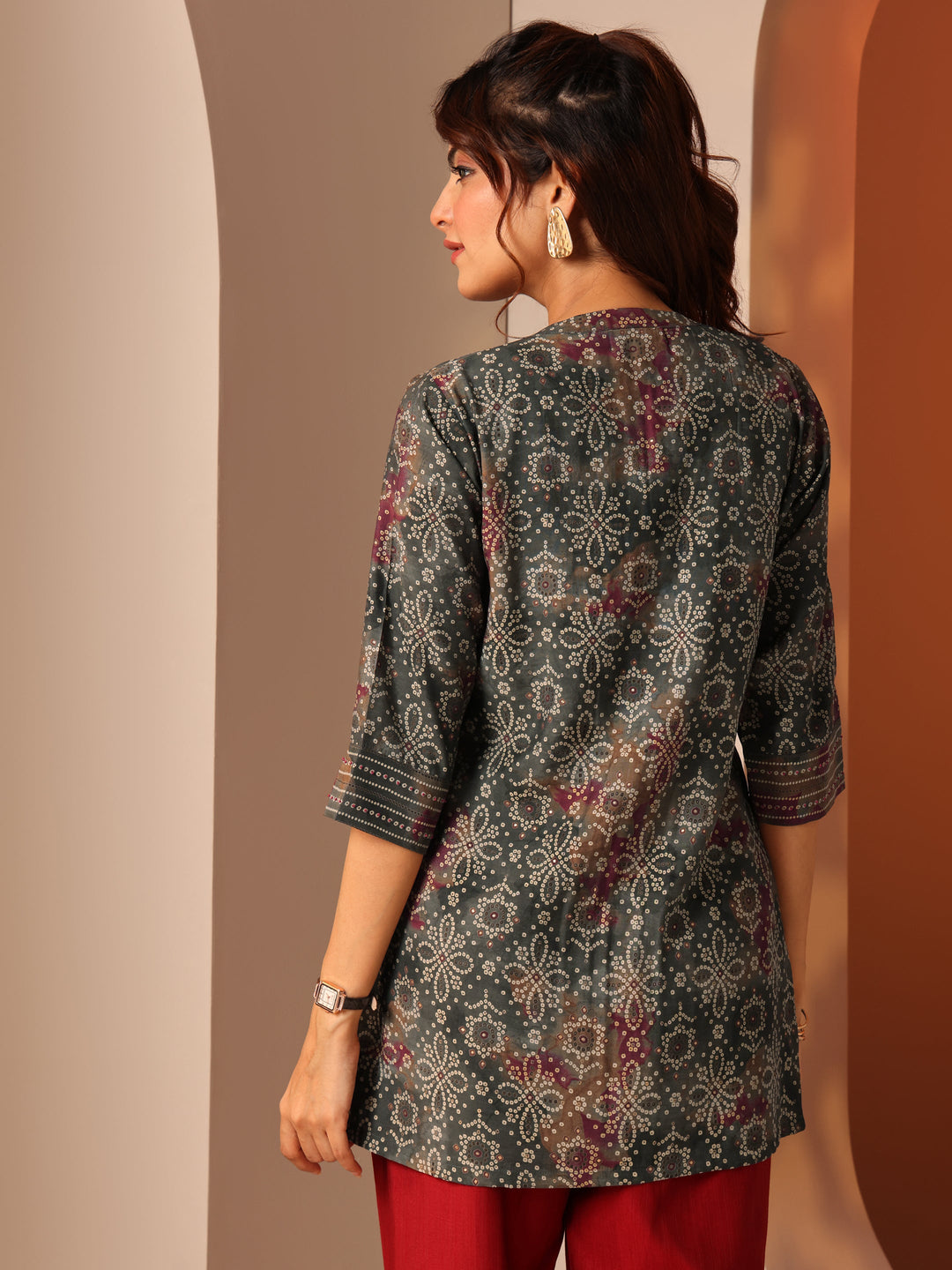  Grey Printed Silk Blend Straight Short Kurti 
