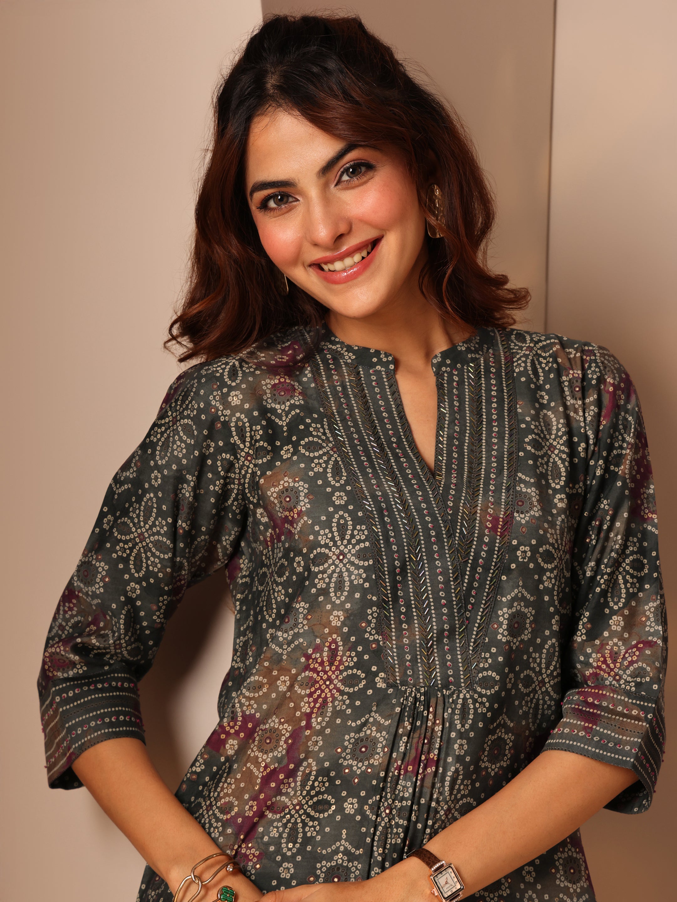 Grey Printed Silk Blend Straight Short Kurti-image-12