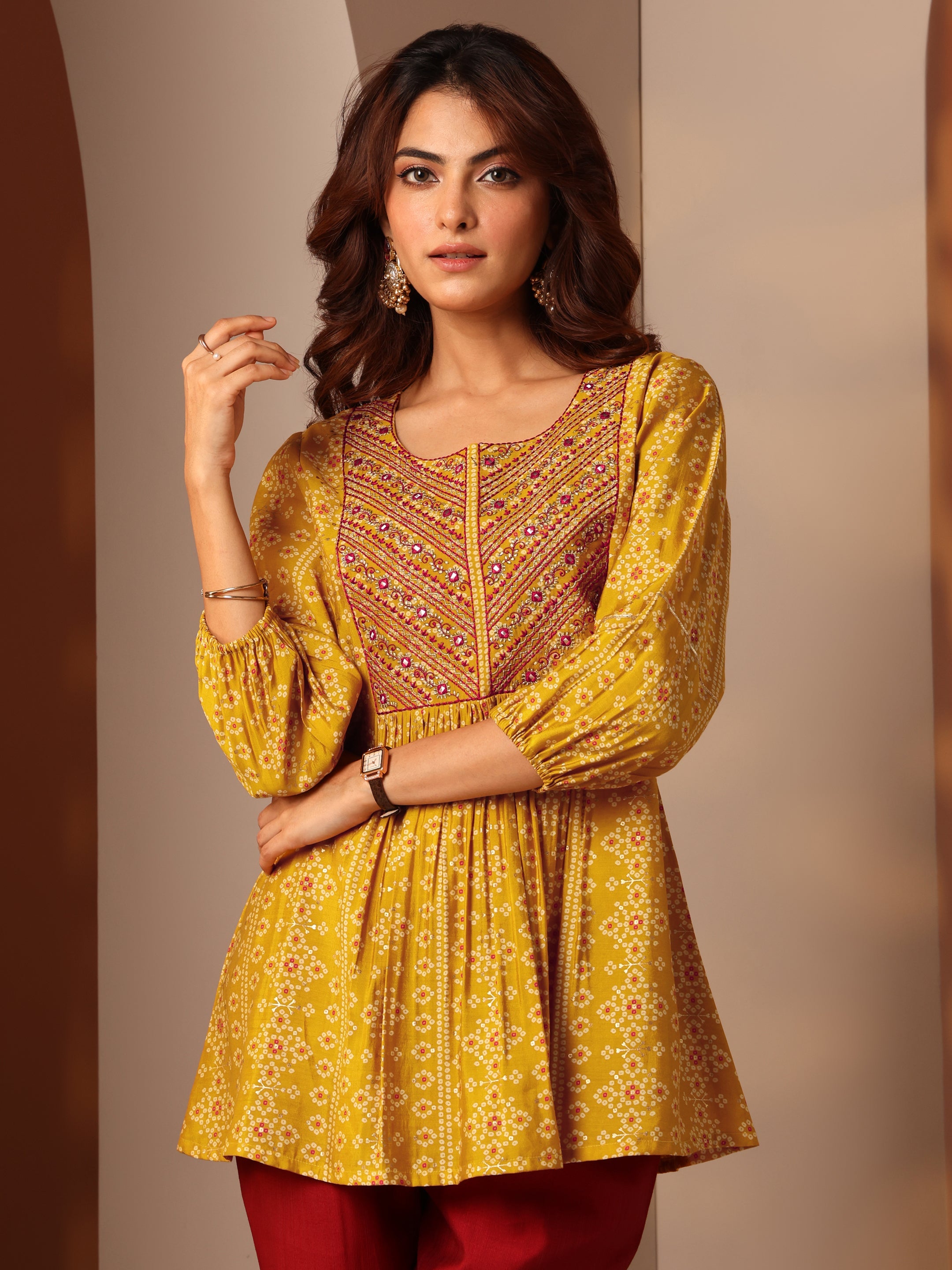 libas Mustard Printed Silk Blend Anarkali Short Kurti-picture-35