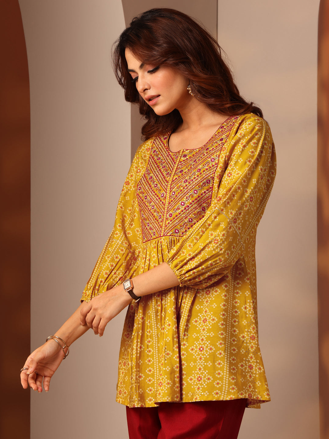  Mustard Printed Silk Blend Anarkali Short Kurti 