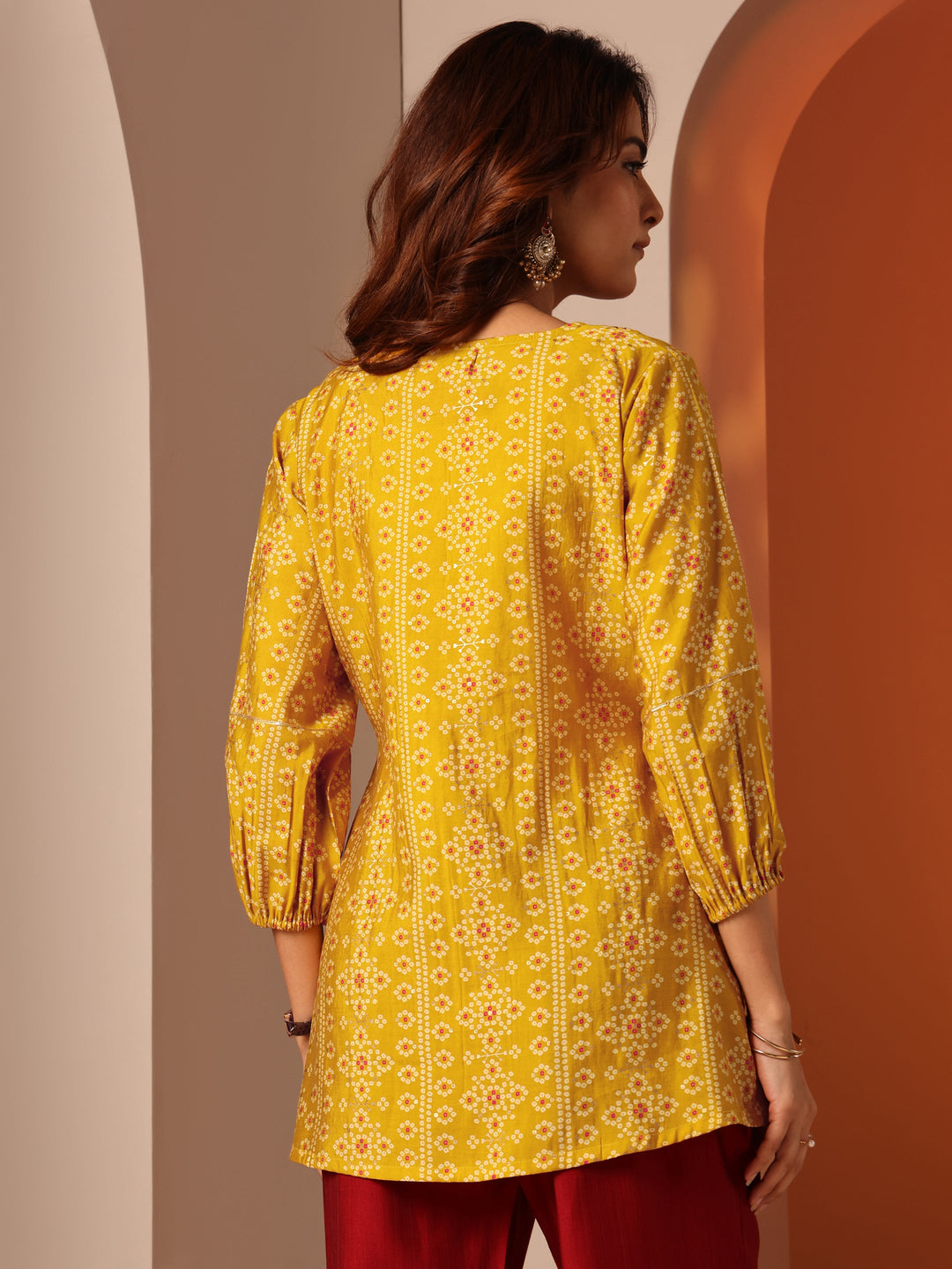  Mustard Printed Silk Blend Anarkali Short Kurti 