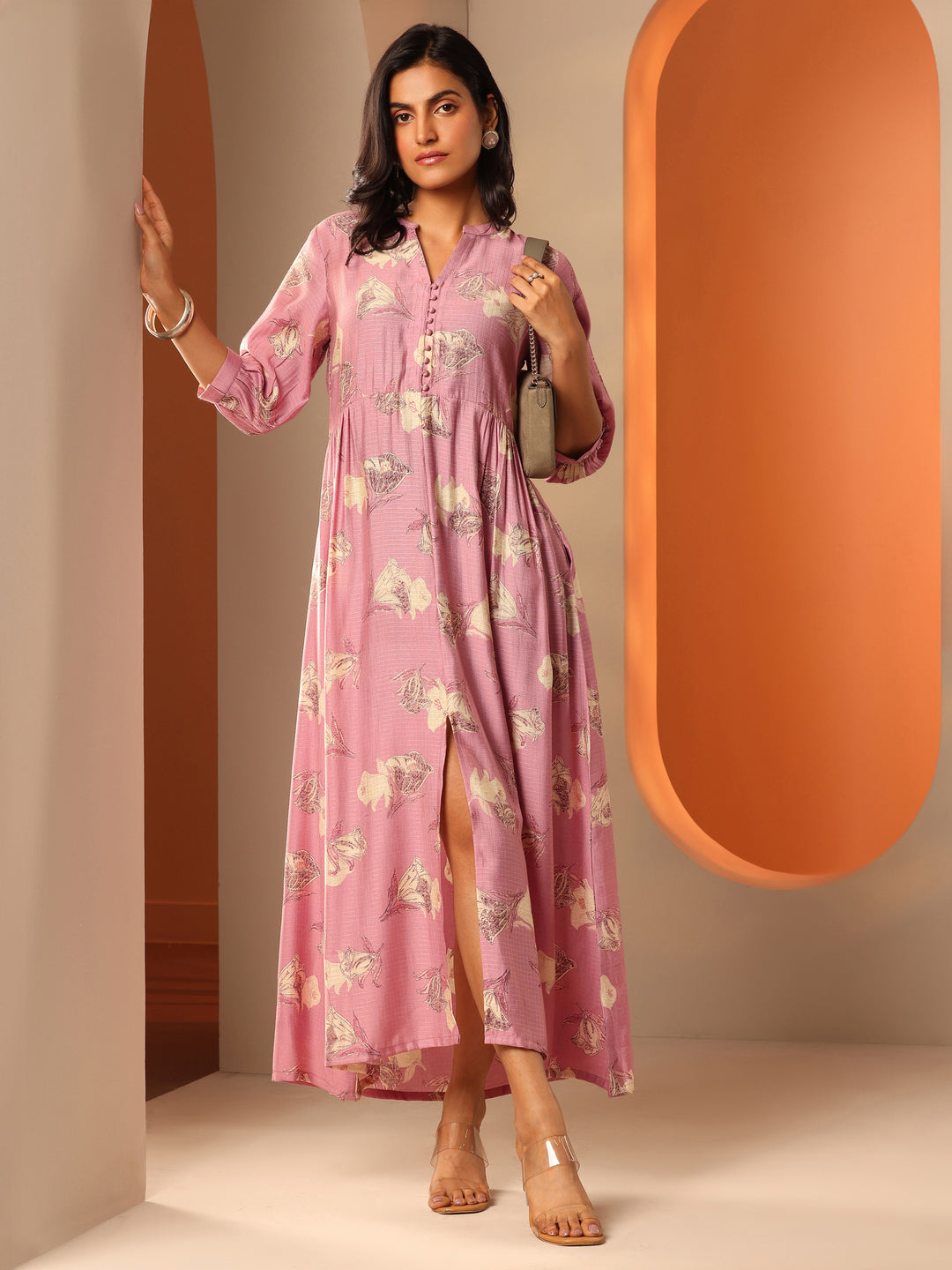 Pink Printed Silk Blend Fit And Flare One Piece Dress