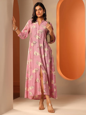 Pink Printed Silk Blend Fit And Flare One Piece Dress
