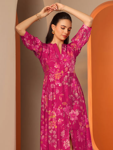 Pink Printed Silk Blend Fit And Flare One Piece Dress