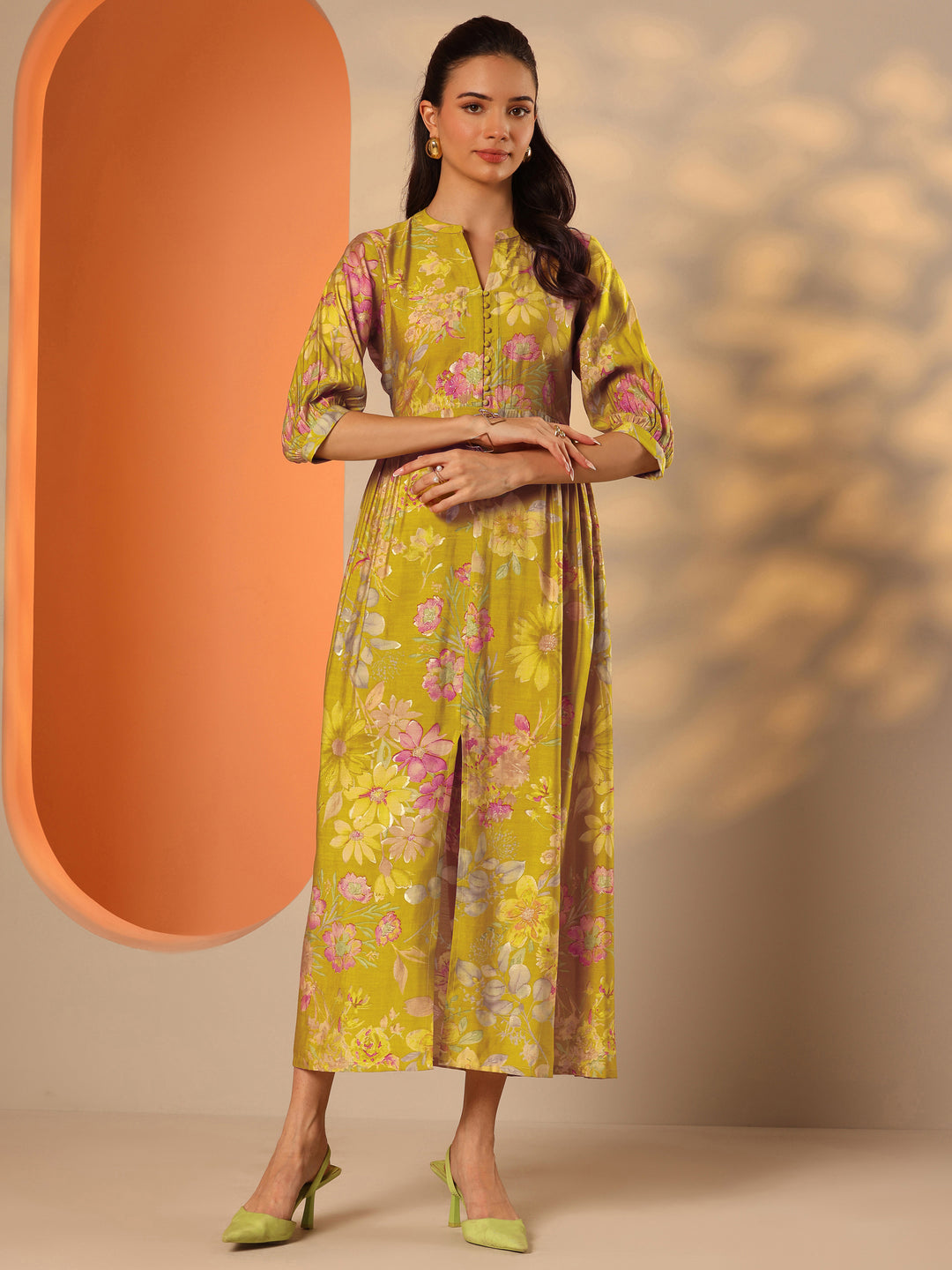  Green Printed Silk Blend Fit And Flare One Piece Dress 