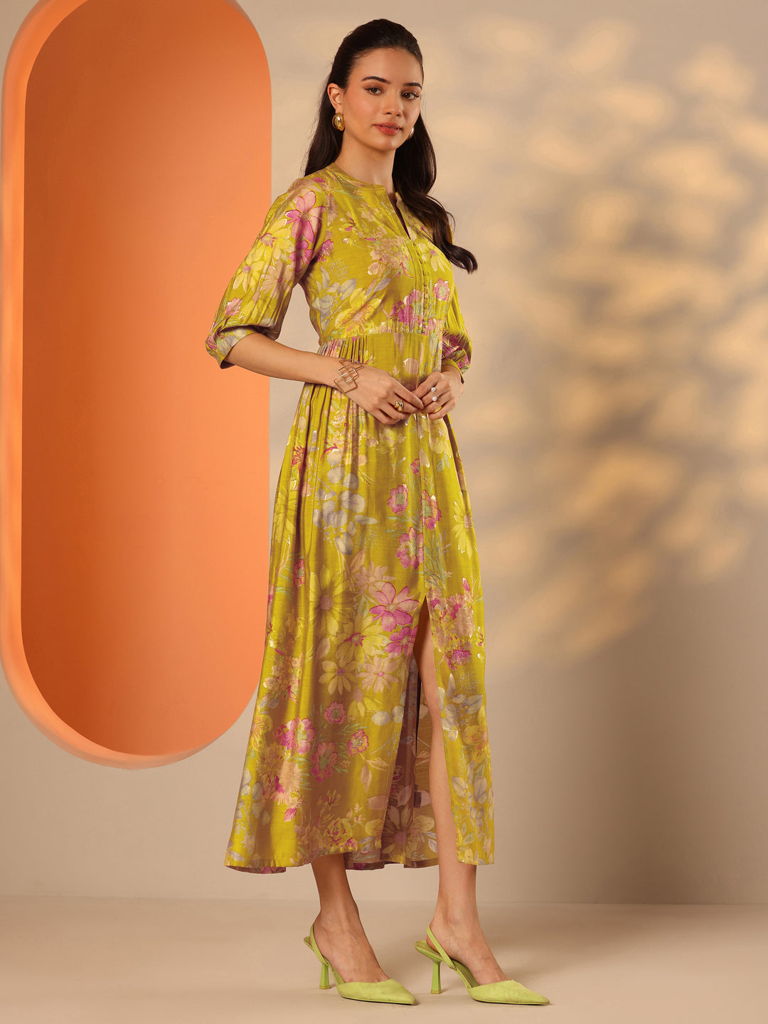  Green Printed Silk Blend Fit And Flare One Piece Dress 