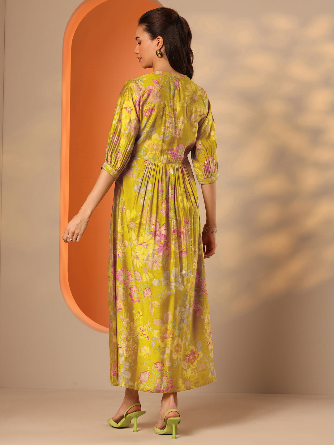 Green Printed Silk Blend Fit And Flare One Piece Dress 