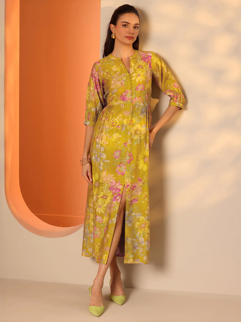 Libas Green Printed Silk Blend Fit And Flare One Piece Dress