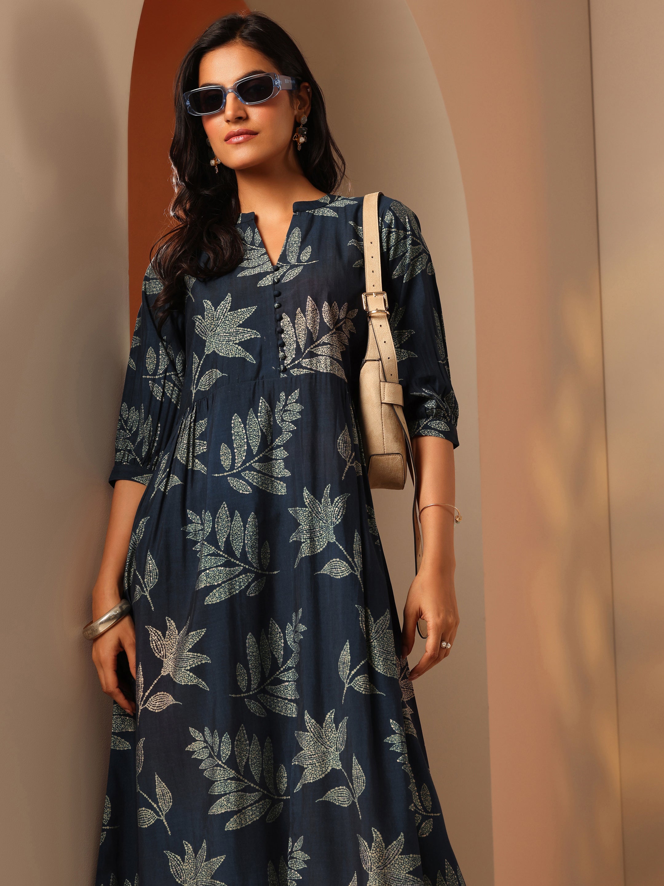 libas Blue Printed Silk Blend Fit And Flare One Piece Dress-picture-55
