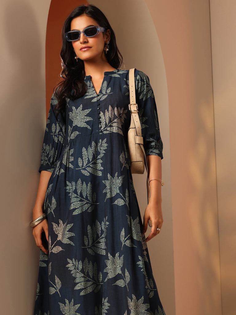 Gerua Blue Printed Silk Blend Fit And Flare One Piece Dress