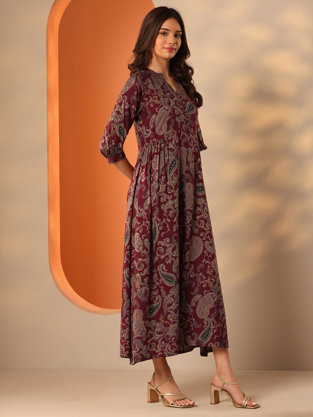Buy Libas Maroon Printed Rayon Fit And Flare One Piece Dress Online at Rs.849