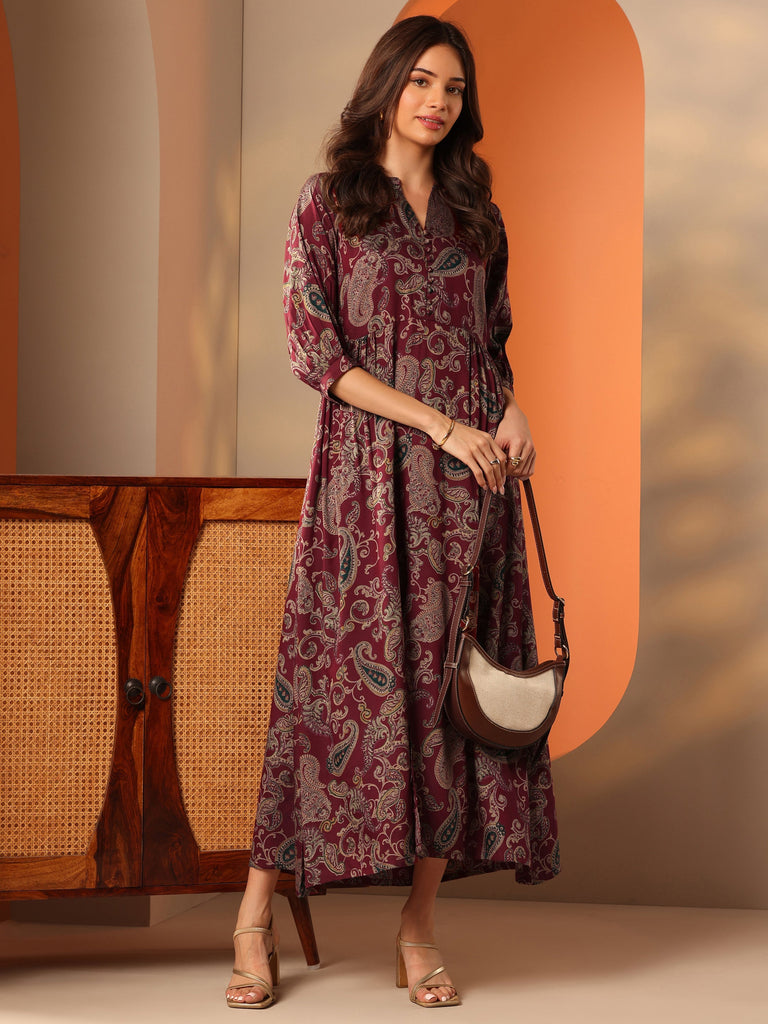 Libas Maroon Printed Rayon Fit And Flare One Piece Dress