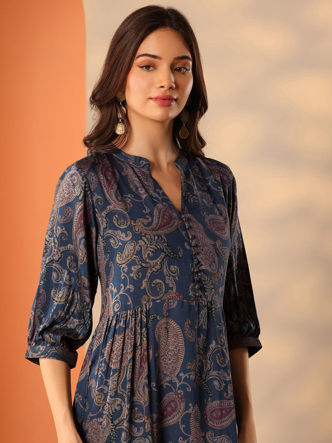  Blue Printed Rayon Fit And Flare One Piece Dress 