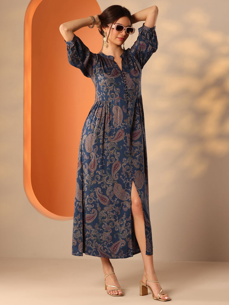 Buy Blue Printed Rayon Fit And Flare One Piece Dress Online at Rs