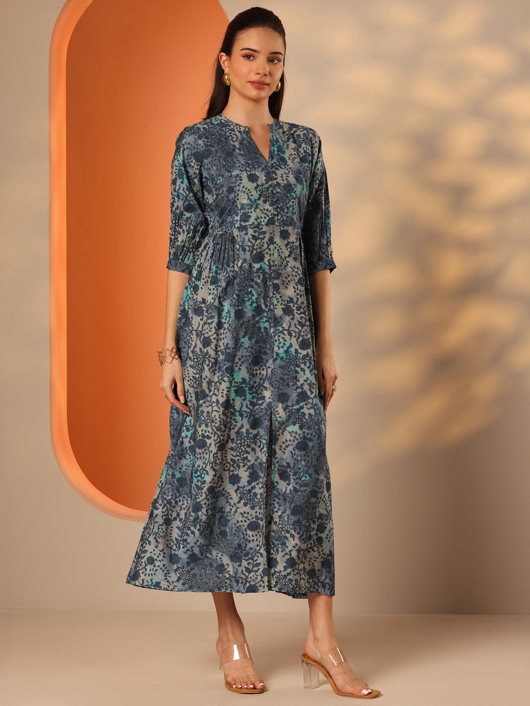  Blue Printed Silk Blend Fit And Flare One Piece Dress 