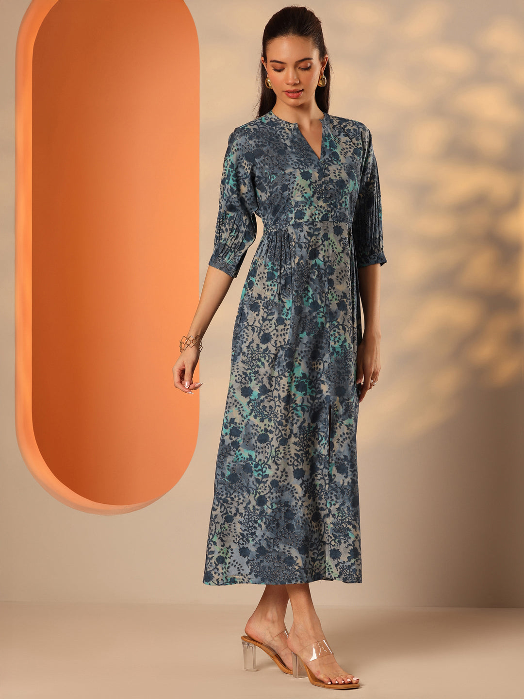  Blue Printed Silk Blend Fit And Flare One Piece Dress 