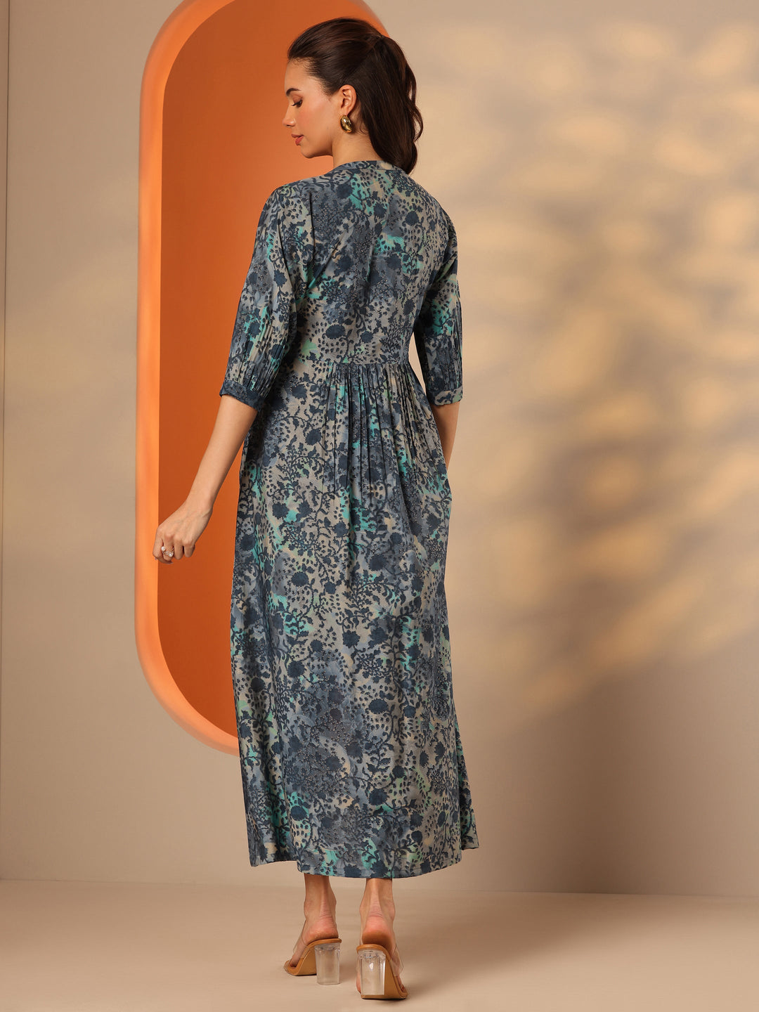  Blue Printed Silk Blend Fit And Flare One Piece Dress 