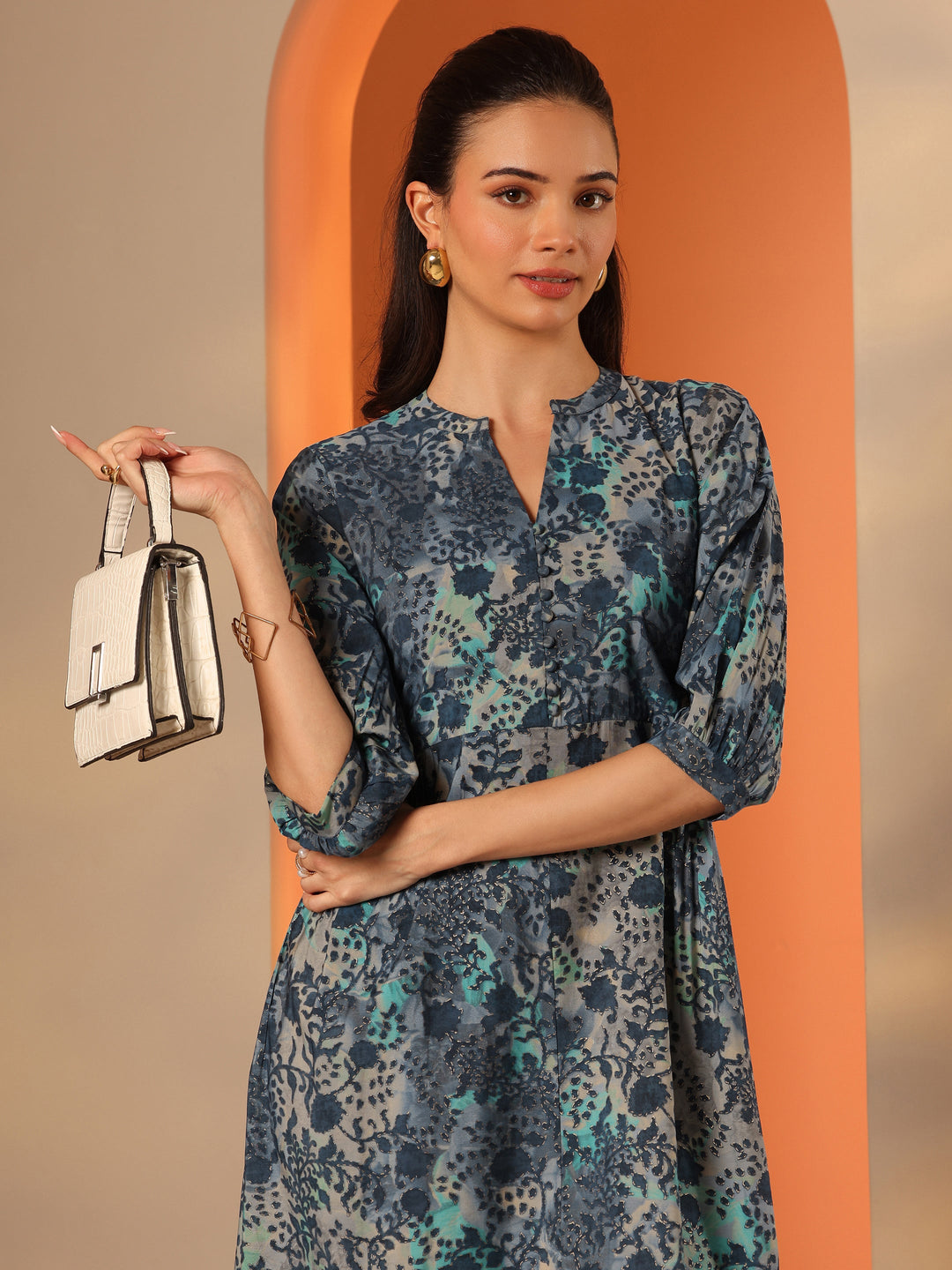  Blue Printed Silk Blend Fit And Flare One Piece Dress 