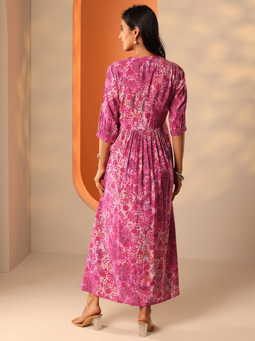  Pink Printed Silk Blend Fit And Flare One Piece Dress 
