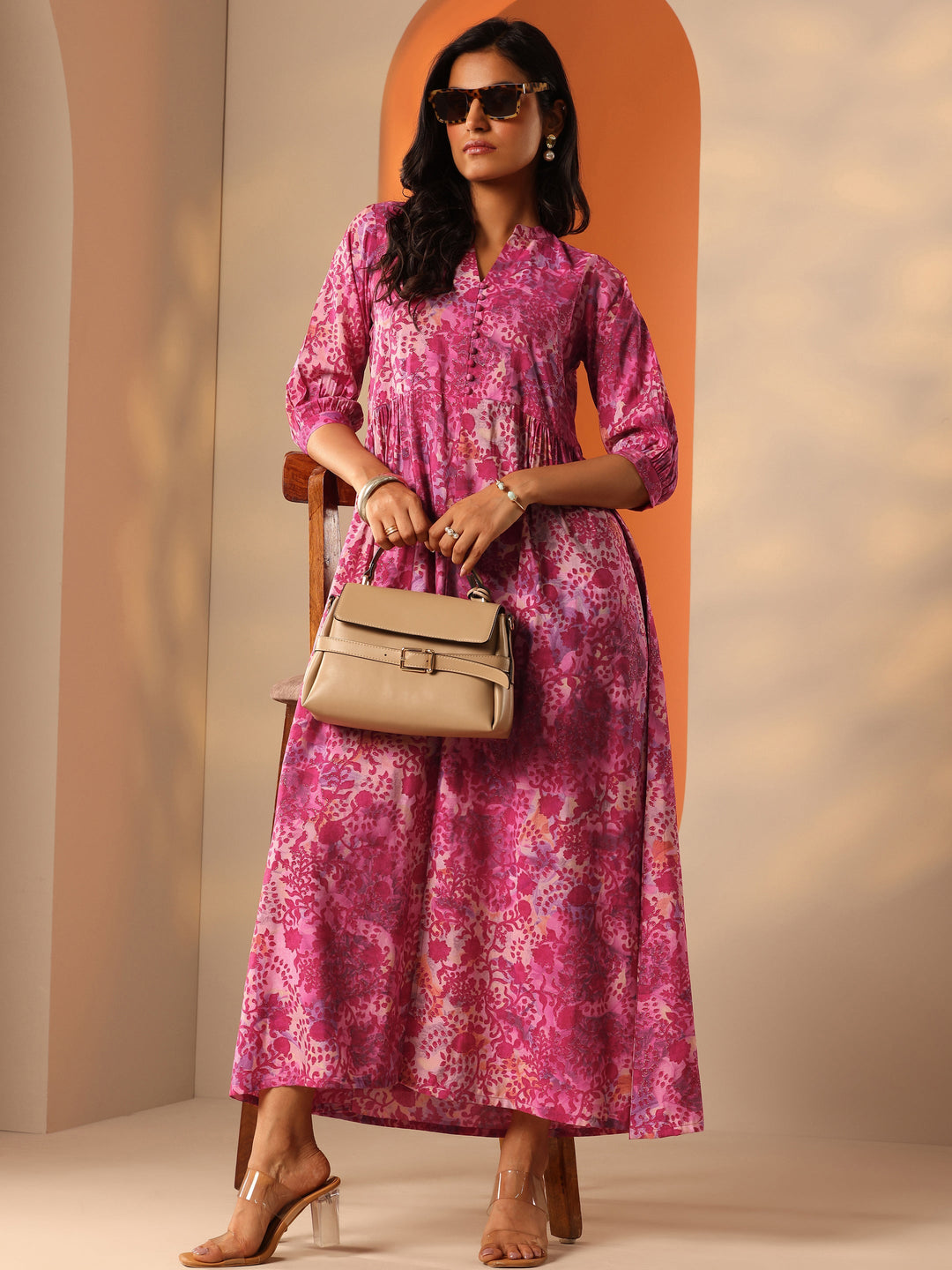  Pink Printed Silk Blend Fit And Flare One Piece Dress 
