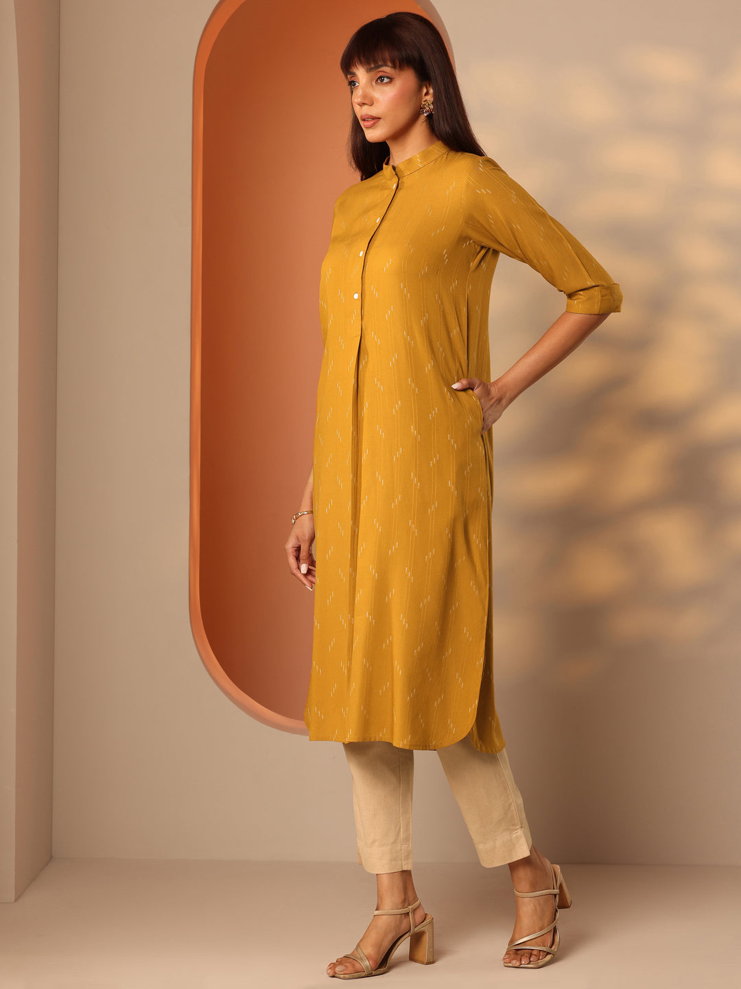  Mustard Woven Design Rayon Straight Kurta 