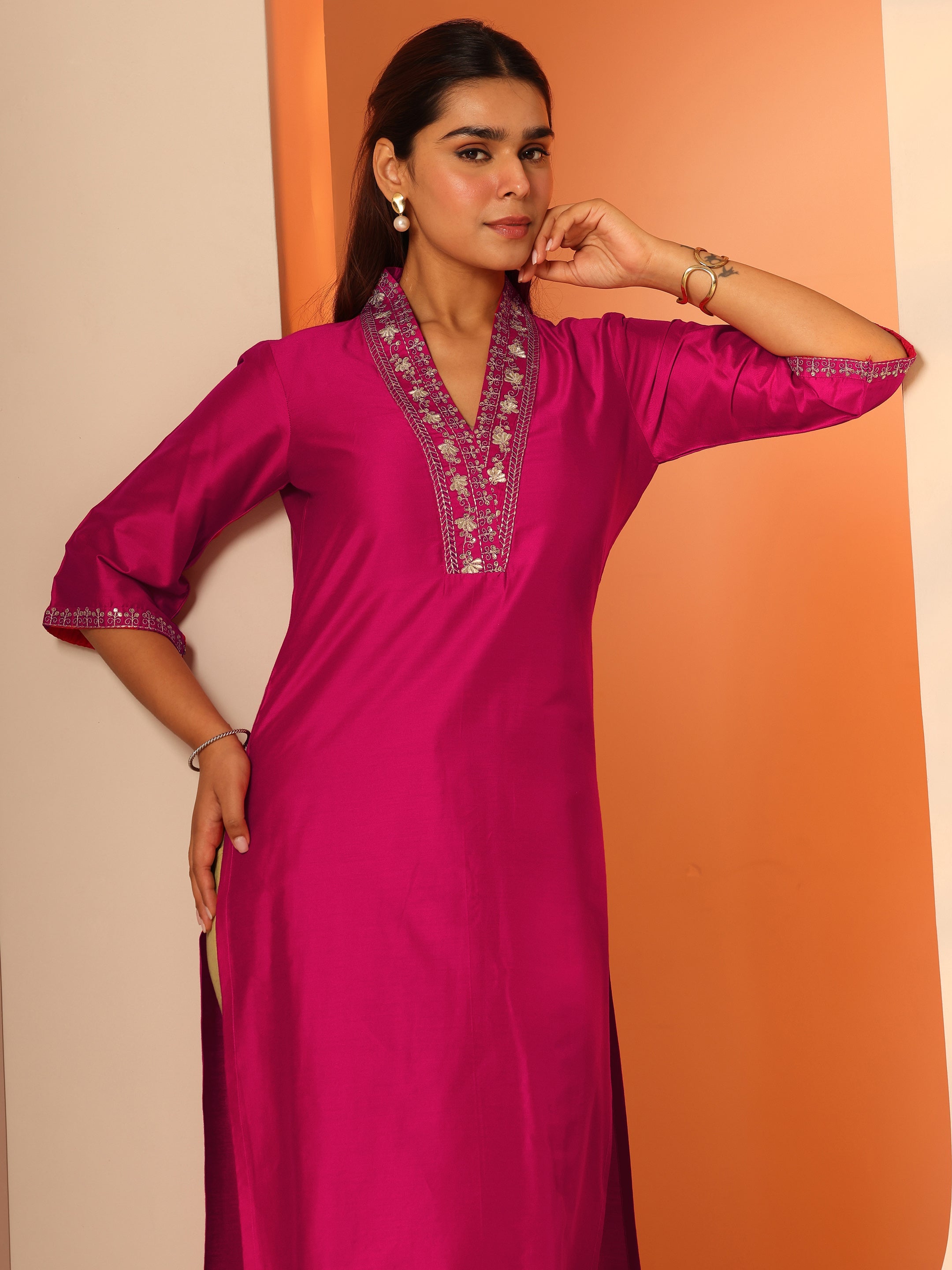 Pink Embellished Silk Blend Straight Kurta-image-44