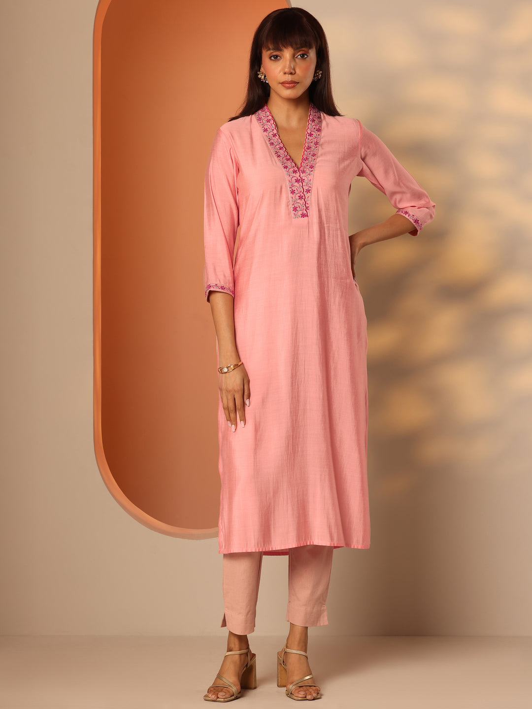  Peach Embroidered Silk Blend Straight Kurta 