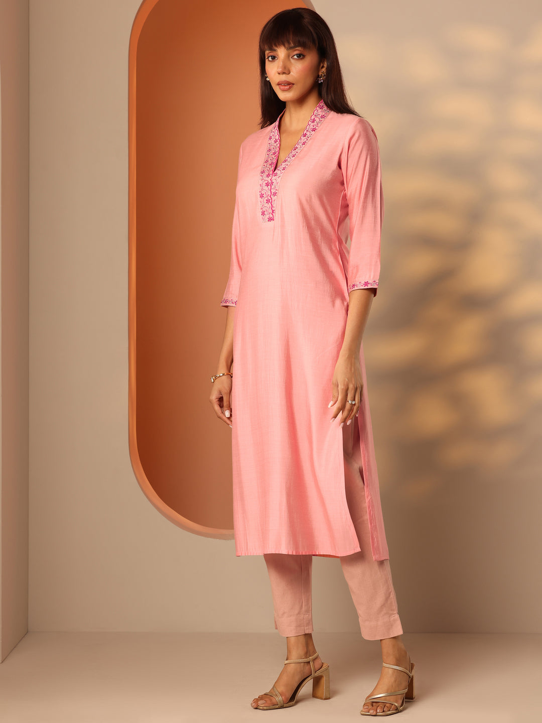  Peach Embroidered Silk Blend Straight Kurta 
