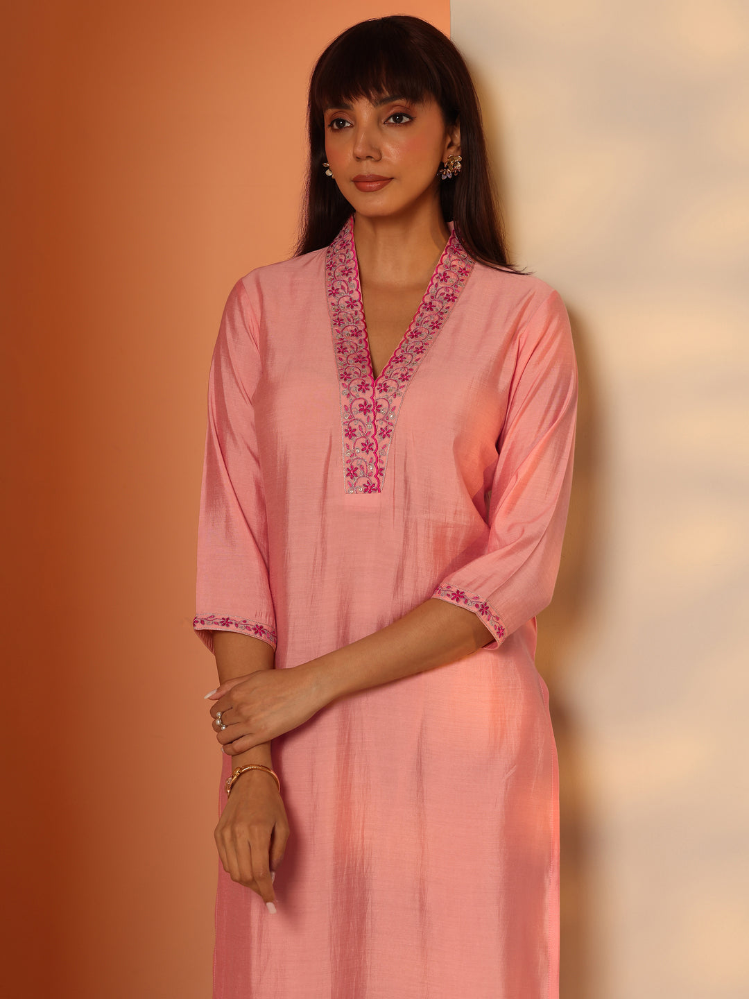  Peach Embroidered Silk Blend Straight Kurta 