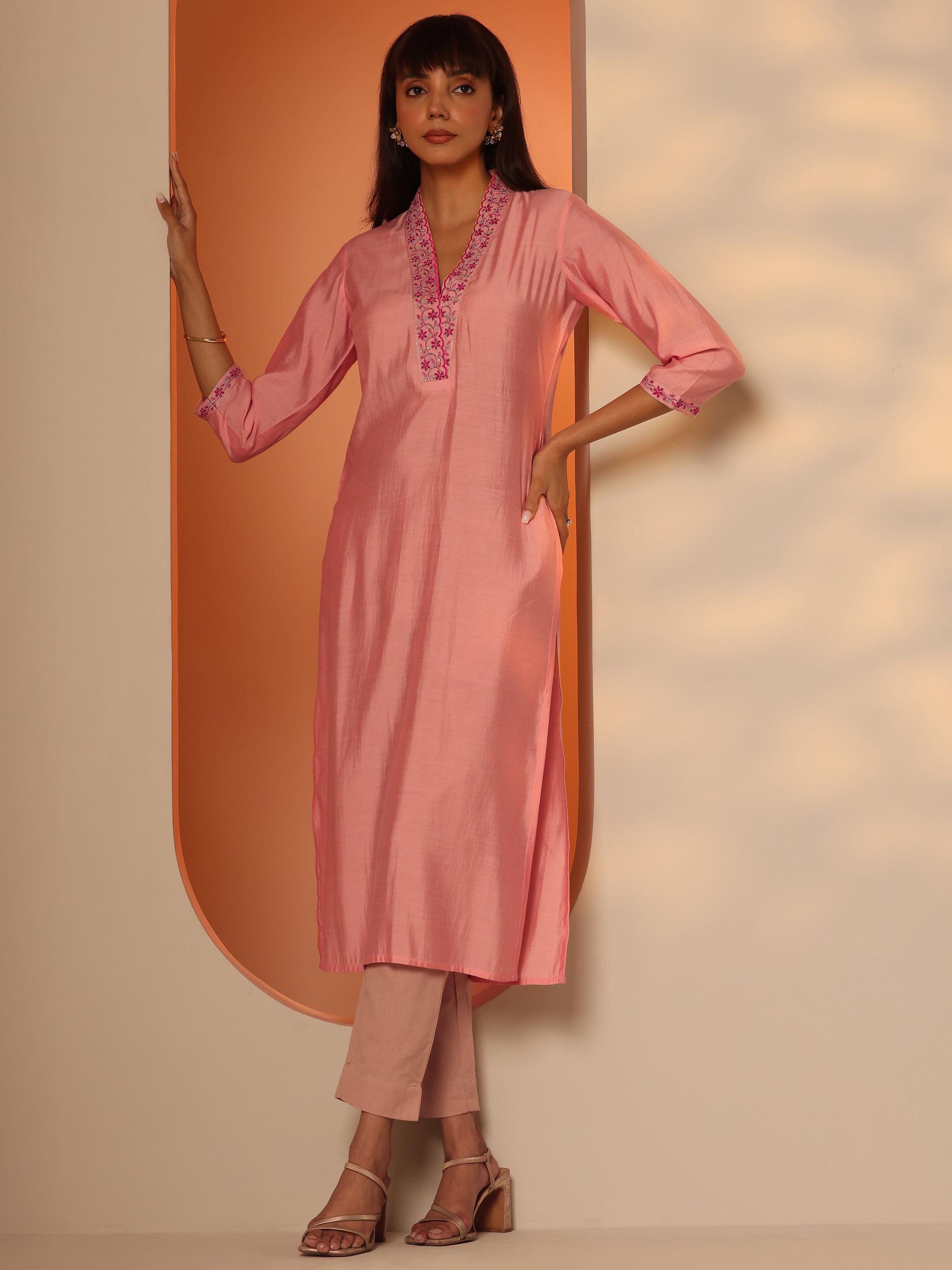 libas Peach Embroidered Silk Blend Straight Kurta-picture-37