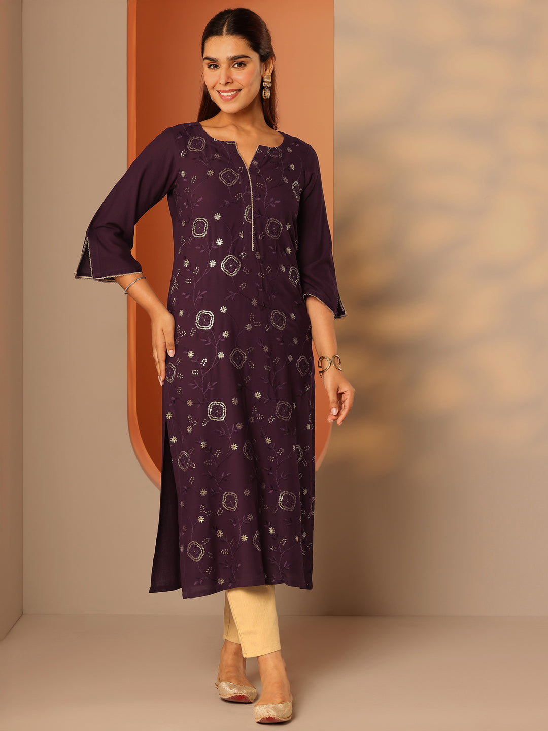  Burgundy Embellished Rayon Straight Kurta 