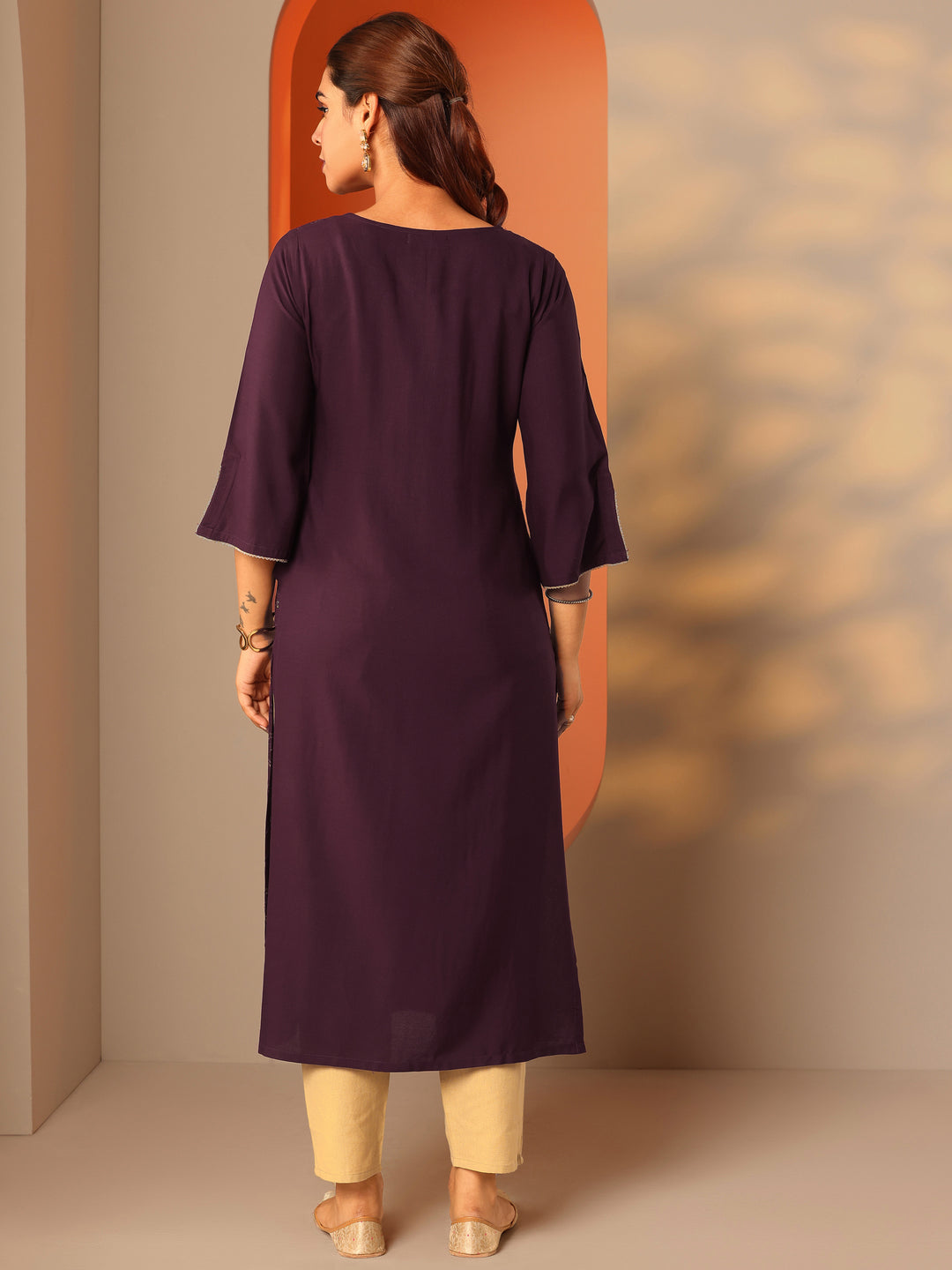  Burgundy Embellished Rayon Straight Kurta 