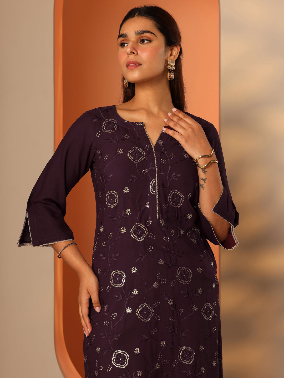  Burgundy Embellished Rayon Straight Kurta 