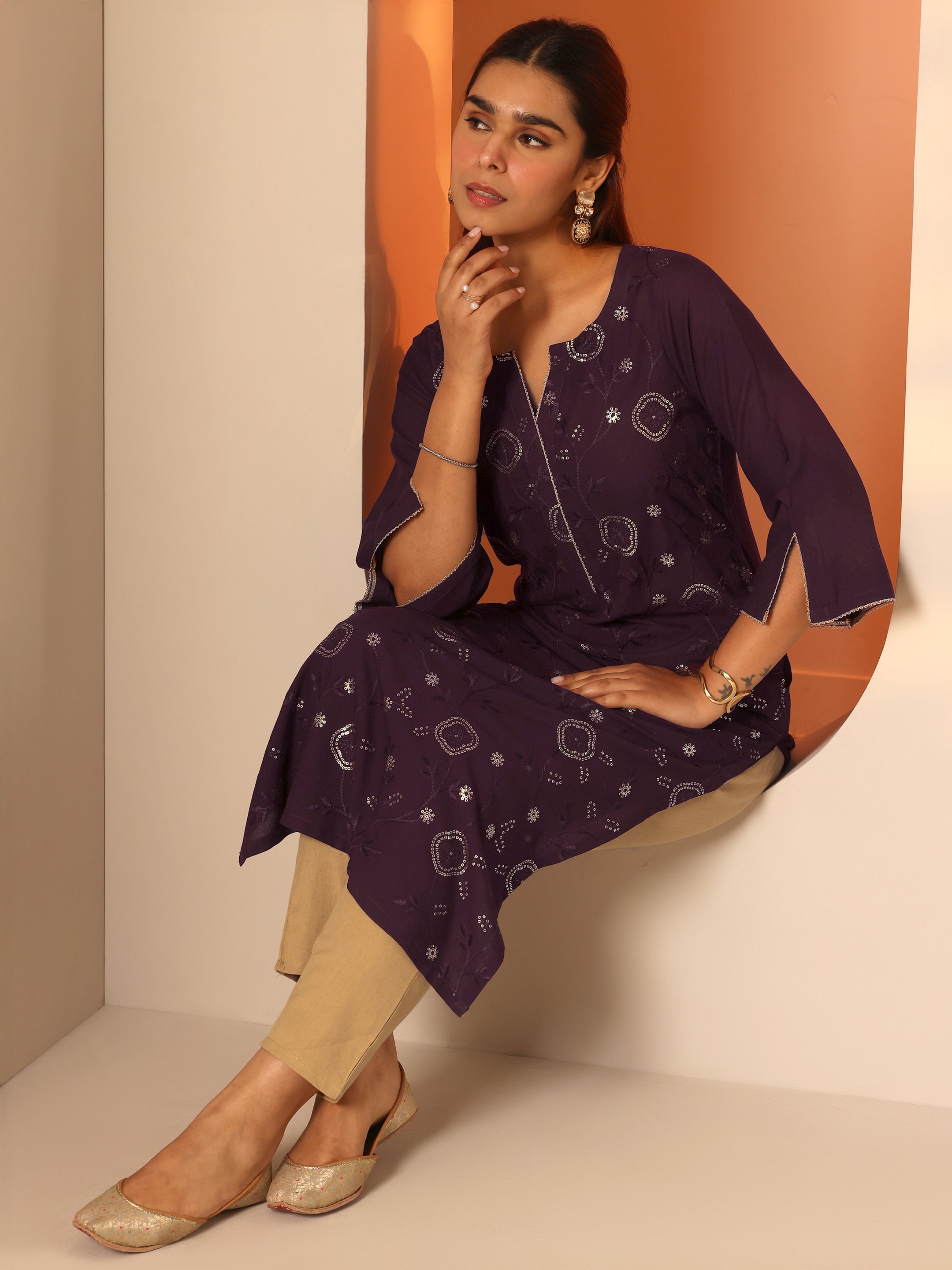 Burgundy Embellished Rayon Straight Kurta-image-18