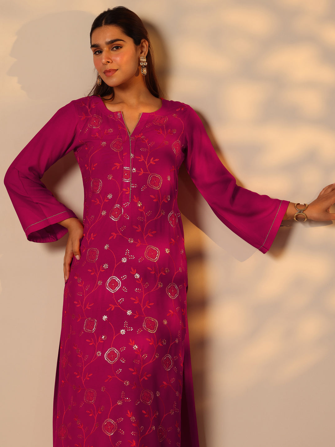  Pink Embroidered Rayon Straight Kurta 